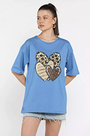 Ön Leopar Desen Kalp Baskılı Bisiklet Yaka Kadın Tişört