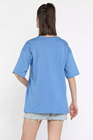 Ön Leopar Desen Kalp Baskılı Bisiklet Yaka Kadın Tişört