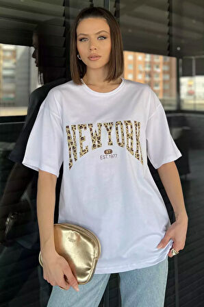 Ön Leopar Desenli Yazı Baskılı Kadın Bisiklet Yaka Tişört