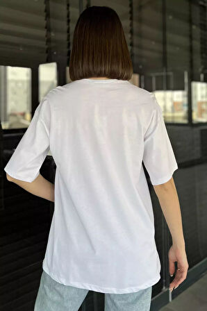 Ön Leopar Desenli Yazı Baskılı Kadın Bisiklet Yaka Tişört