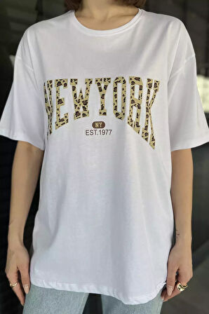 Ön Leopar Desenli Yazı Baskılı Kadın Bisiklet Yaka Tişört