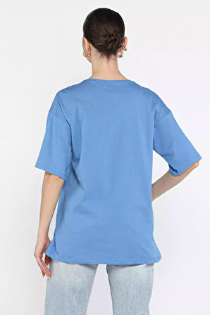 Ön Leopar Desenli Yazı Baskılı Kadın Bisiklet Yaka Tişört