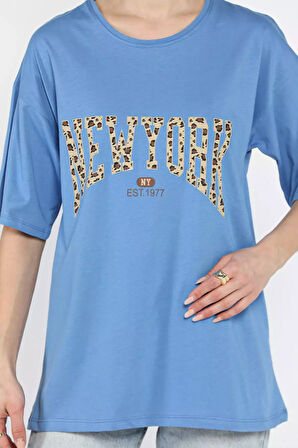 Ön Leopar Desenli Yazı Baskılı Kadın Bisiklet Yaka Tişört