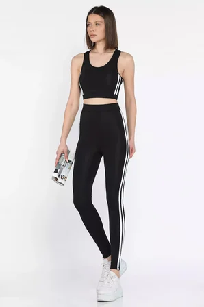 Kadın Şerit Detaylı Yüksek Bel Sporcu Tayt Crop Büstiyer İkili Takım