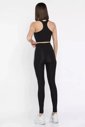 Kadın Şerit Detaylı Yüksek Bel Sporcu Tayt Crop Büstiyer İkili Takım