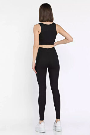 Kadın Kalın Askılı Fitilli Crop Yüksek Bel Sporcu Tayt İkili Takım