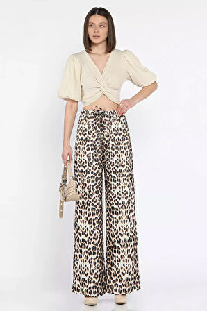 Kadın Bel Lastikli Yüksek Bel Leopar Desenli Bol Kesim Pantolon