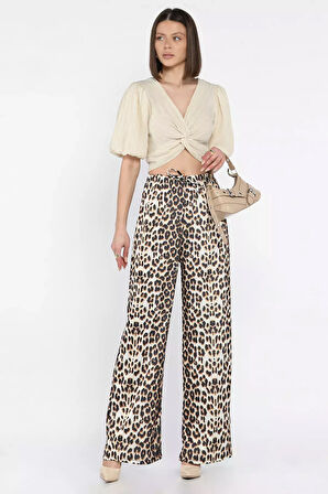 Kadın Bel Lastikli Yüksek Bel Leopar Desenli Bol Kesim Pantolon