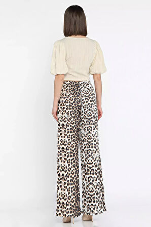 Kadın Bel Lastikli Yüksek Bel Leopar Desenli Bol Kesim Pantolon