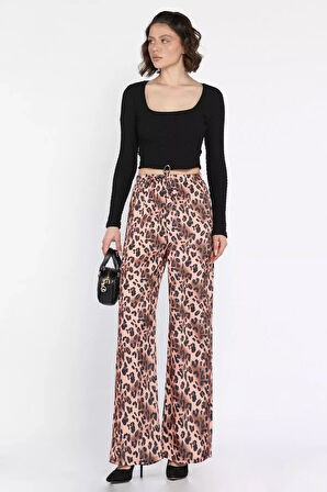 Kadın Bel Lastikli Yüksek Bel Leopar Desenli Bol Kesim Pantolon