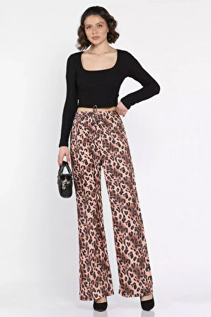 Kadın Bel Lastikli Yüksek Bel Leopar Desenli Bol Kesim Pantolon