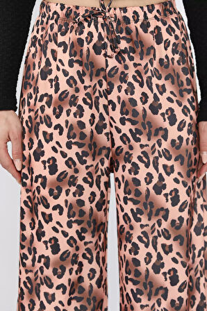 Kadın Bel Lastikli Yüksek Bel Leopar Desenli Bol Kesim Pantolon