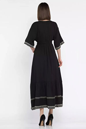 Kadın V Yaka Bel Lastikli Nakış Detaylı Salaş Elbise