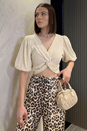 Kadın Ön Düğüm Detaylı Yan Fermuarlı Balon Kol Crop Top Bluz