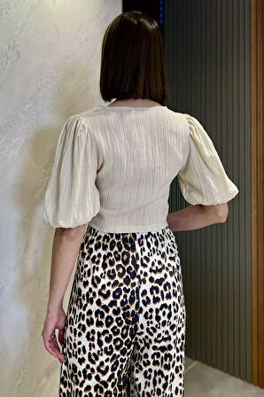 Kadın Ön Düğüm Detaylı Yan Fermuarlı Balon Kol Crop Top Bluz