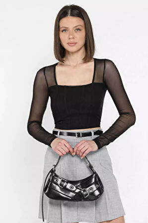 Kadın Kare Yaka Sırt Ve Kol Transparan Crop Top Bluz