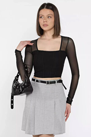 Kadın Kare Yaka Sırt Ve Kol Transparan Crop Top Bluz