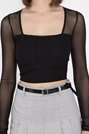Kadın Kare Yaka Sırt Ve Kol Transparan Crop Top Bluz