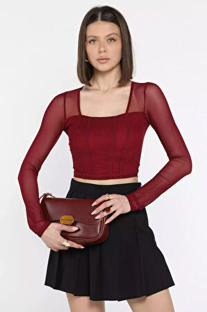 Kadın Kare Yaka Sırt Ve Kol Transparan Crop Top Bluz