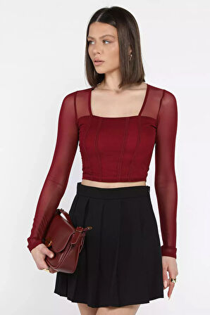 Kadın Kare Yaka Sırt Ve Kol Transparan Crop Top Bluz