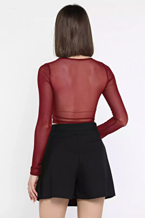 Kadın Kare Yaka Sırt Ve Kol Transparan Crop Top Bluz