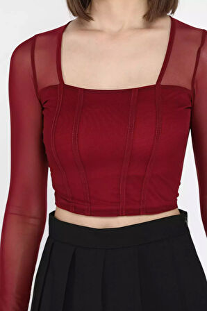 Kadın Kare Yaka Sırt Ve Kol Transparan Crop Top Bluz