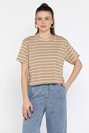 Bisiklet Yaka Çizgili Kadın Tişört