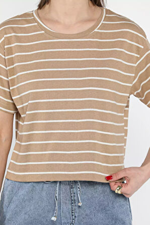 Bisiklet Yaka Çizgili Kadın Tişört