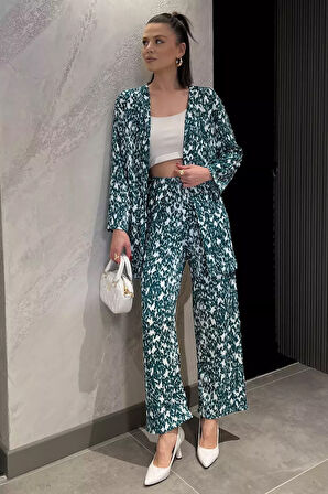 Kadın Desenli Kimono Pantolon İkili Takım