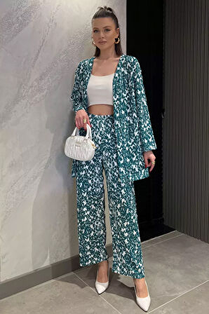 Kadın Desenli Kimono Pantolon İkili Takım