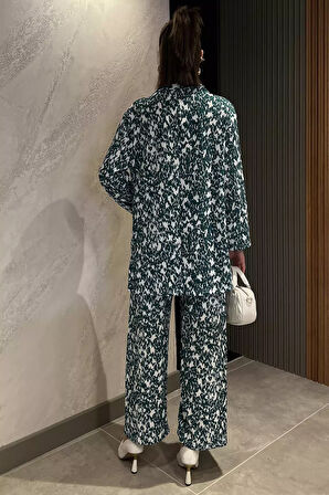 Kadın Desenli Kimono Pantolon İkili Takım