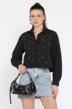 Taşlı Kadın Crop Top Gömlek