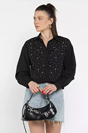 Taşlı Kadın Crop Top Gömlek