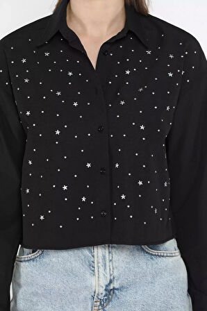 Taşlı Kadın Crop Top Gömlek