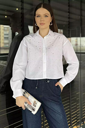 Taşlı Kadın Crop Top Gömlek
