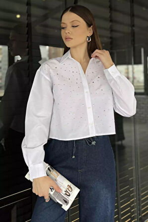 Taşlı Kadın Crop Top Gömlek