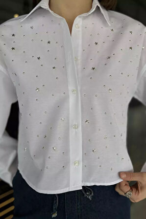 Taşlı Kadın Crop Top Gömlek