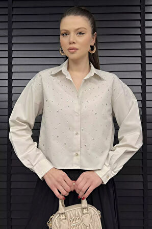 Taşlı Kadın Crop Top Gömlek