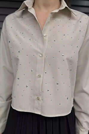 Taşlı Kadın Crop Top Gömlek