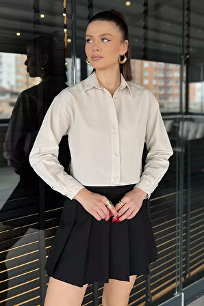 Uzun Kol Kadın Crop Top Gömlek