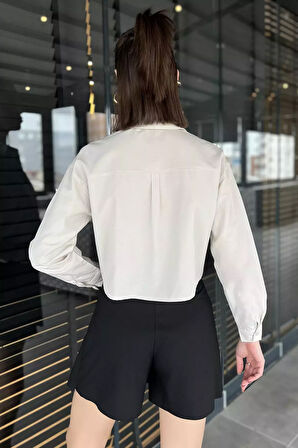 Uzun Kol Kadın Crop Top Gömlek