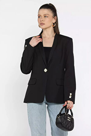 Kadın Düğme Detaylı Kruvaze Yaka Blazer Ceket