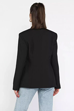 Kadın Düğme Detaylı Kruvaze Yaka Blazer Ceket