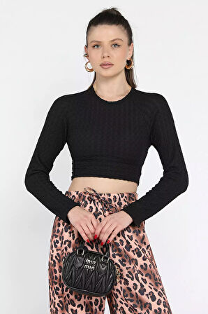 Bel Lastikli Ve Bağlamalı Kadın Kabartma Desen Crop Top Bluz