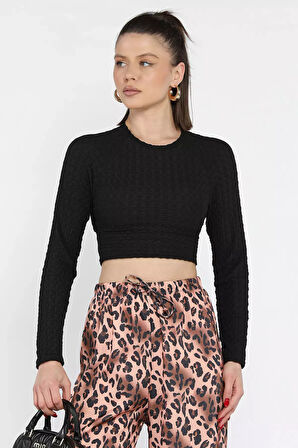Bel Lastikli Ve Bağlamalı Kadın Kabartma Desen Crop Top Bluz