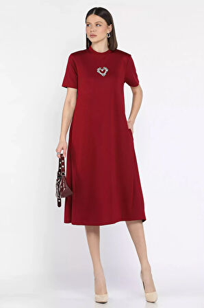 Bisiklet Yaka Taş Detaylı Cepli Kadın Kısa Kol Elbise