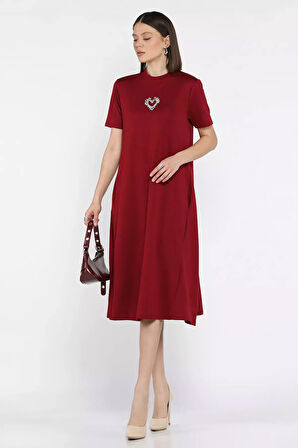 Bisiklet Yaka Taş Detaylı Cepli Kadın Kısa Kol Elbise