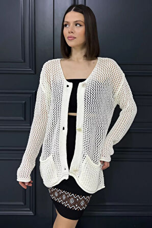 Düğme Detaylı Ajurlu Kadın Triko Hırka