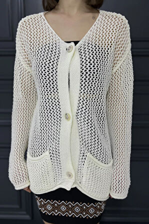 Düğme Detaylı Ajurlu Kadın Triko Hırka