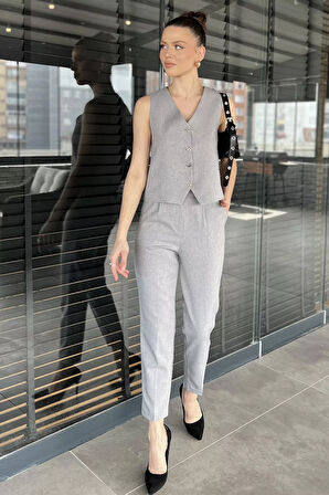 Kadın Düğme Detaylı Astarlı Yelek Pantolon İkili Takım